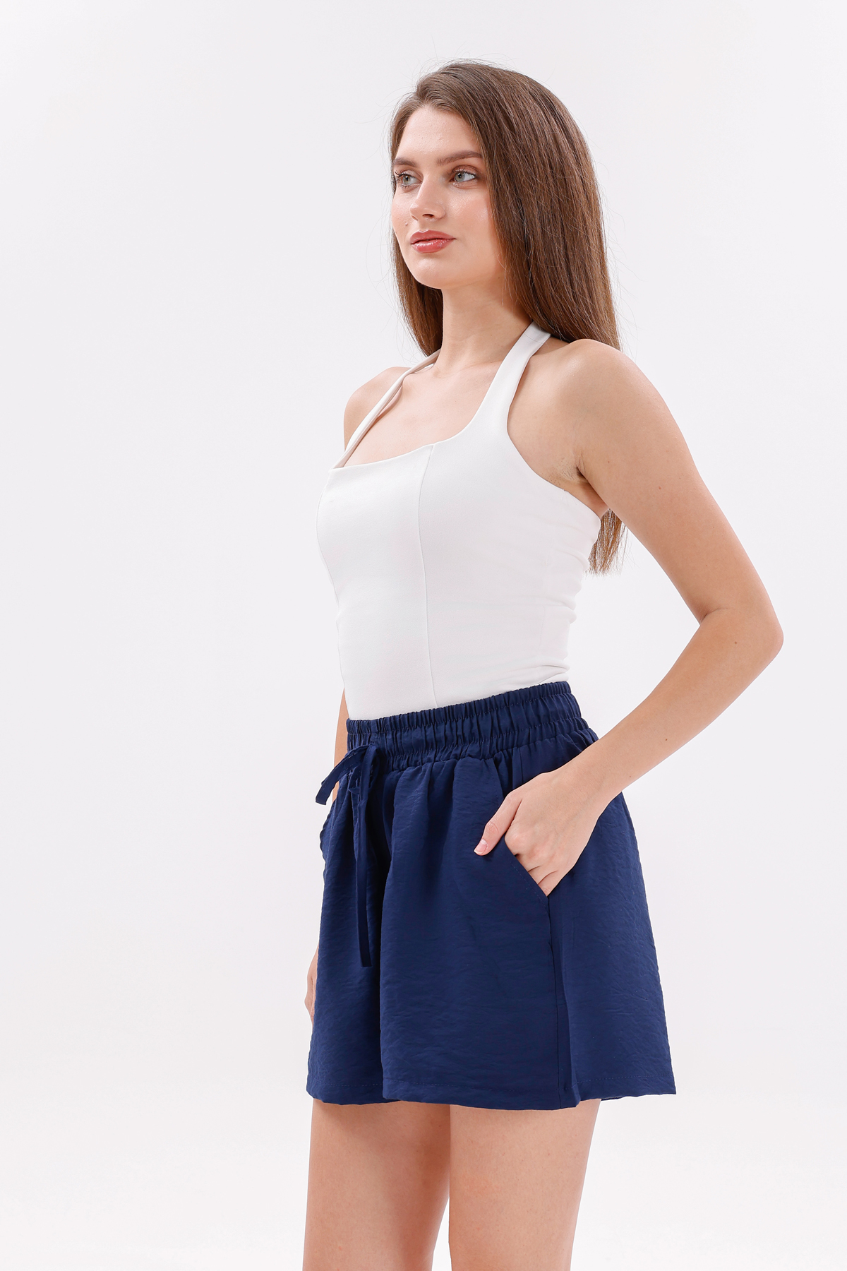 Genıus%20Store%20Kadın%20Şort%20Aerobin%20Pamuklu%20Cepli%20Çekmez%20Kumaş%20Beli%20Lastikli%20Şort-Lacivert