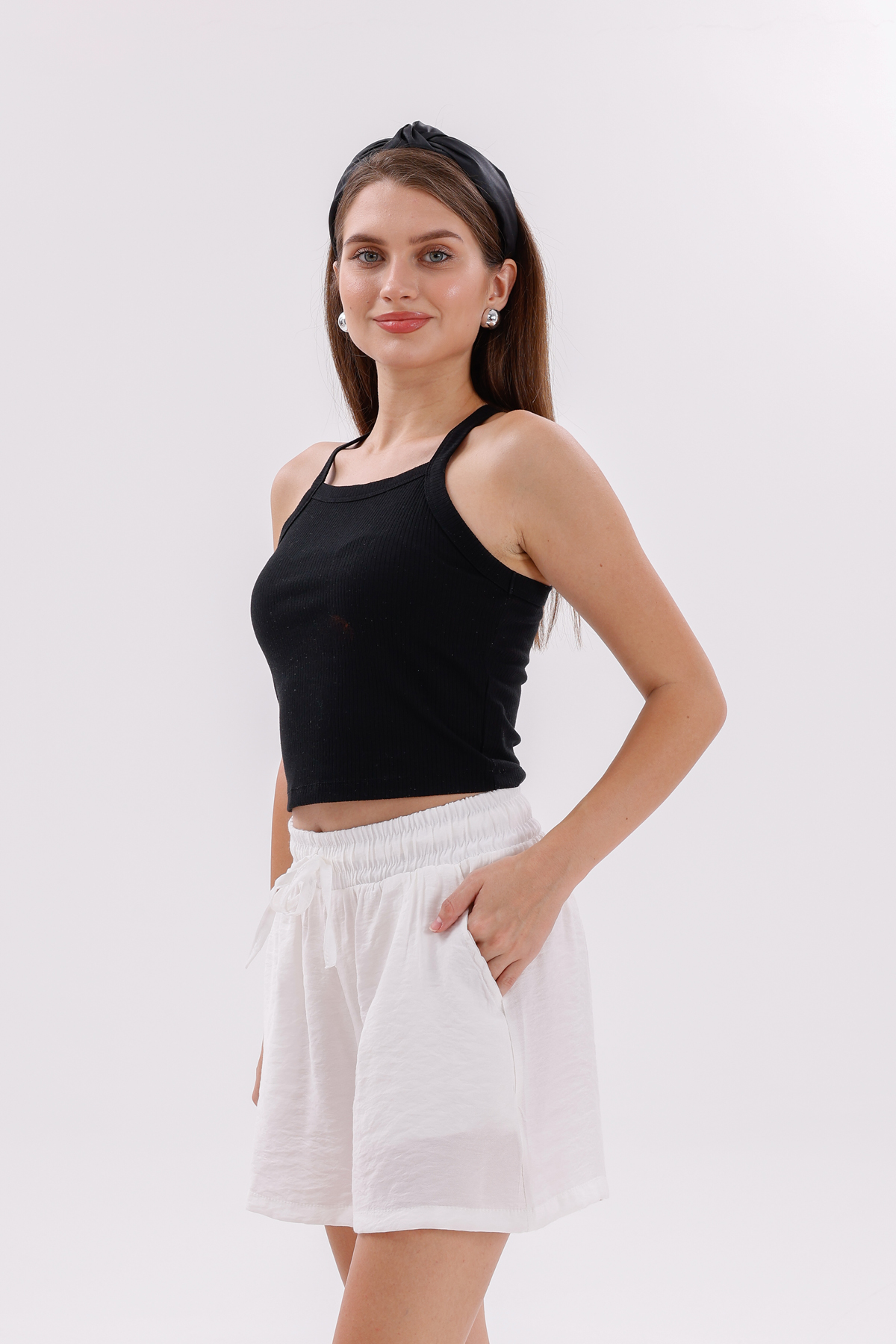 Genıus%20Store%20Kadın%20Şort%20Aerobin%20Pamuklu%20Cepli%20Çekmez%20Kumaş%20Beli%20Lastikli%20Şort-Beyaz