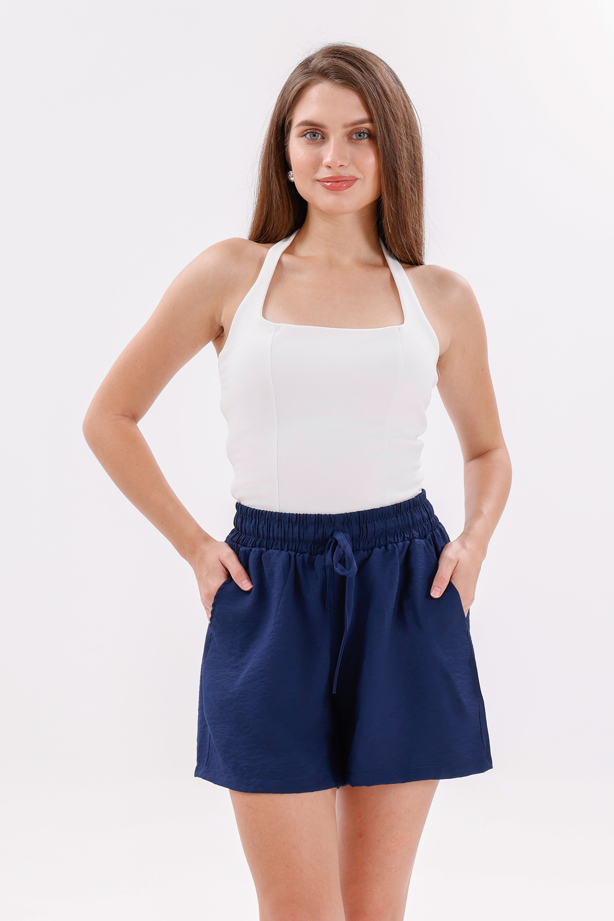 Genıus%20Store%20Kadın%20Şort%20Aerobin%20Pamuklu%20Cepli%20Çekmez%20Kumaş%20Beli%20Lastikli%20Şort-Lacivert