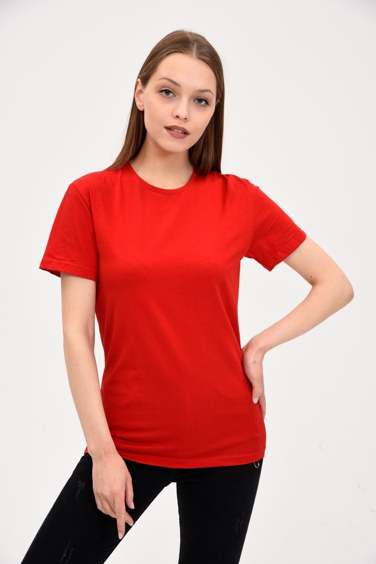 Kadın%20Bisiklet%20Yaka%20Basic%20Tişört%20Kırmızı