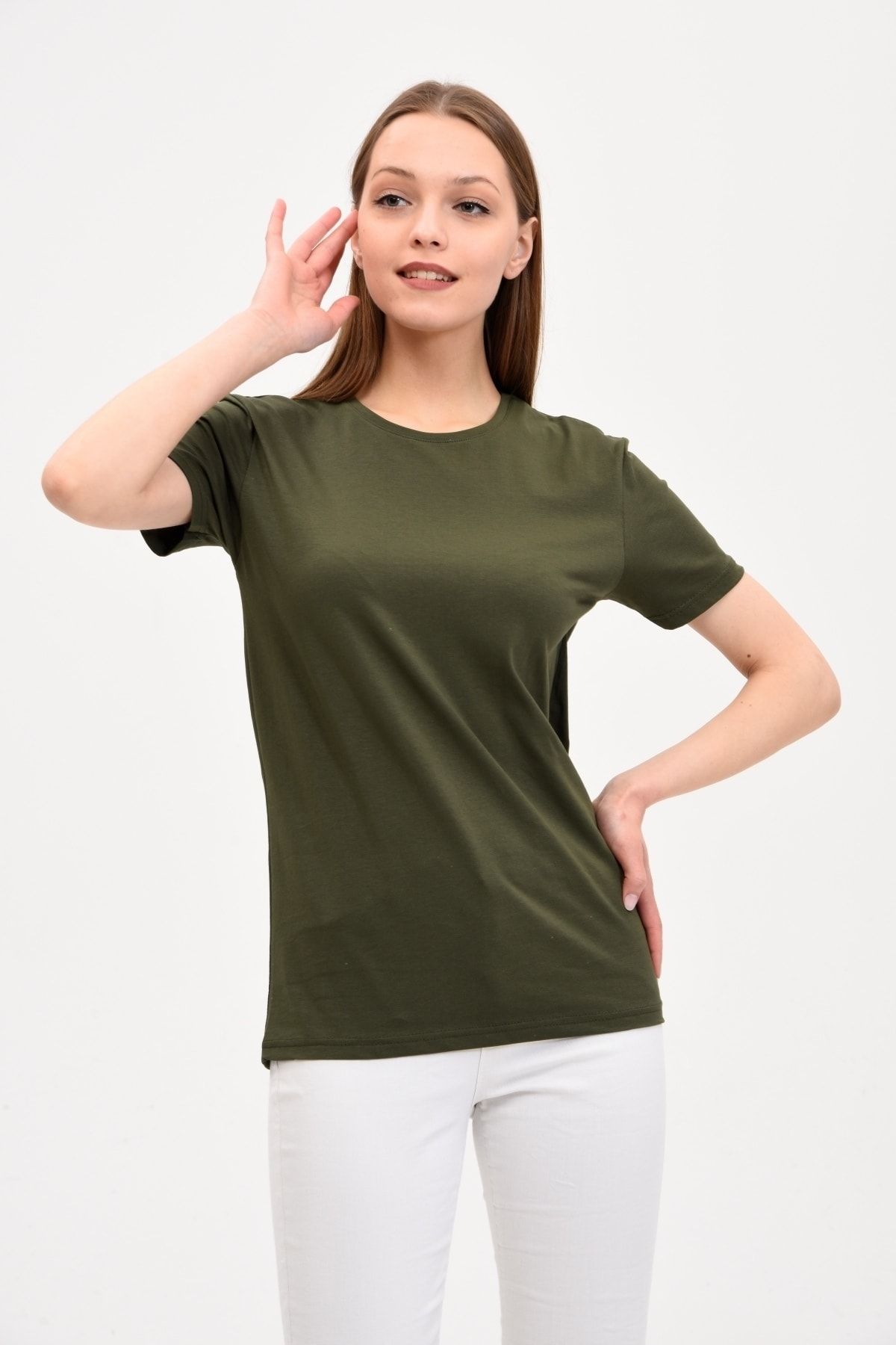 Kadın%20Bisiklet%20Yaka%20Basic%20Tişört%20Haki