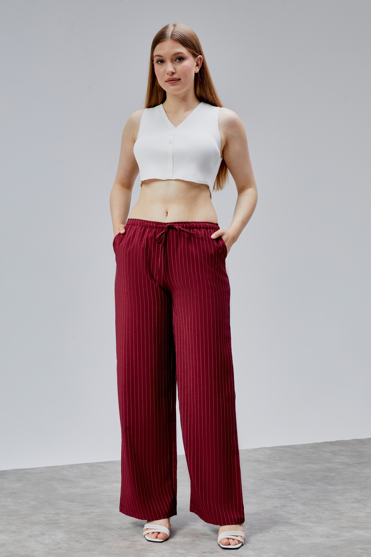 Kadın%20Pantolon%20Geniş%20Paça%20Yüksel%20Bel%20Cepli%20Çizgili Pantolon%20ÇİZGİLİ-PANTOLON-Bordo