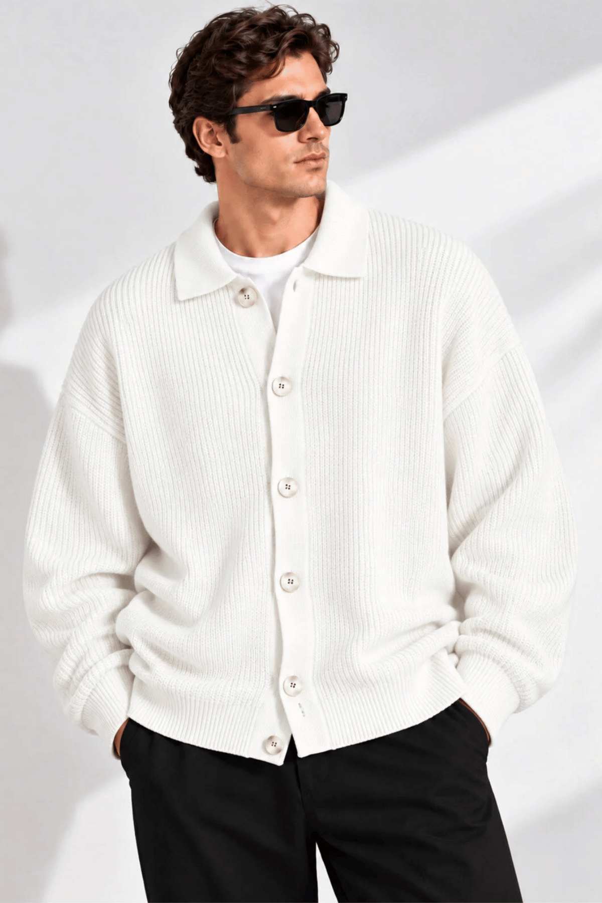 Erkek%20Hırka%20Oversize%20Kalıp%20Düğmeli%20Polo%20Yaka%20Triko%20Kazak%20Çekme/Uzama%20Yapmaz%20ERKEK-HIRKA-Beyaz