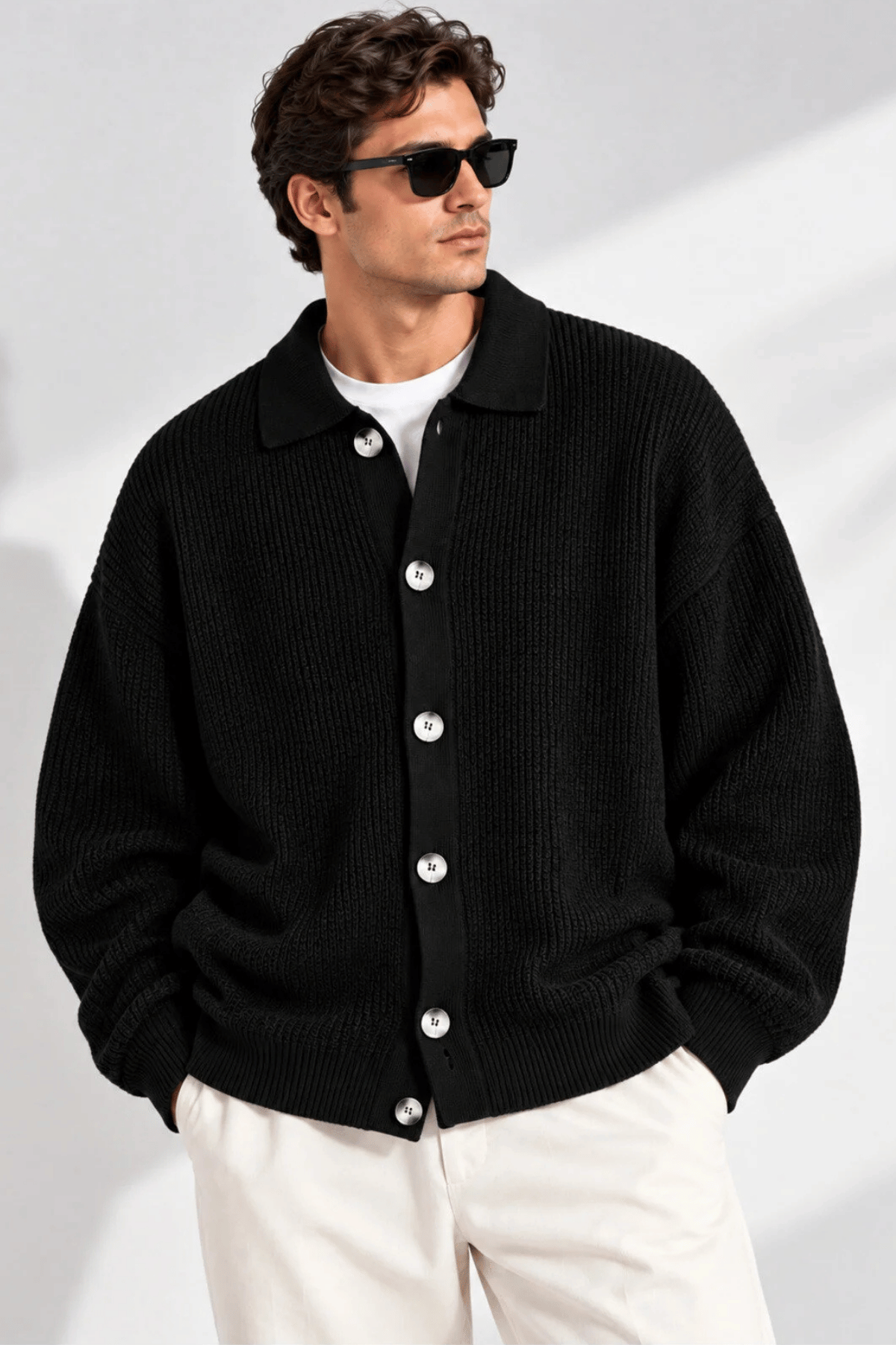 Erkek%20Hırka%20Oversize%20Kalıp%20Düğmeli%20Polo%20Yaka%20Triko%20Kazak%20Çekme/Uzama%20Yapmaz%20ERKEK-HIRKA-Siyah