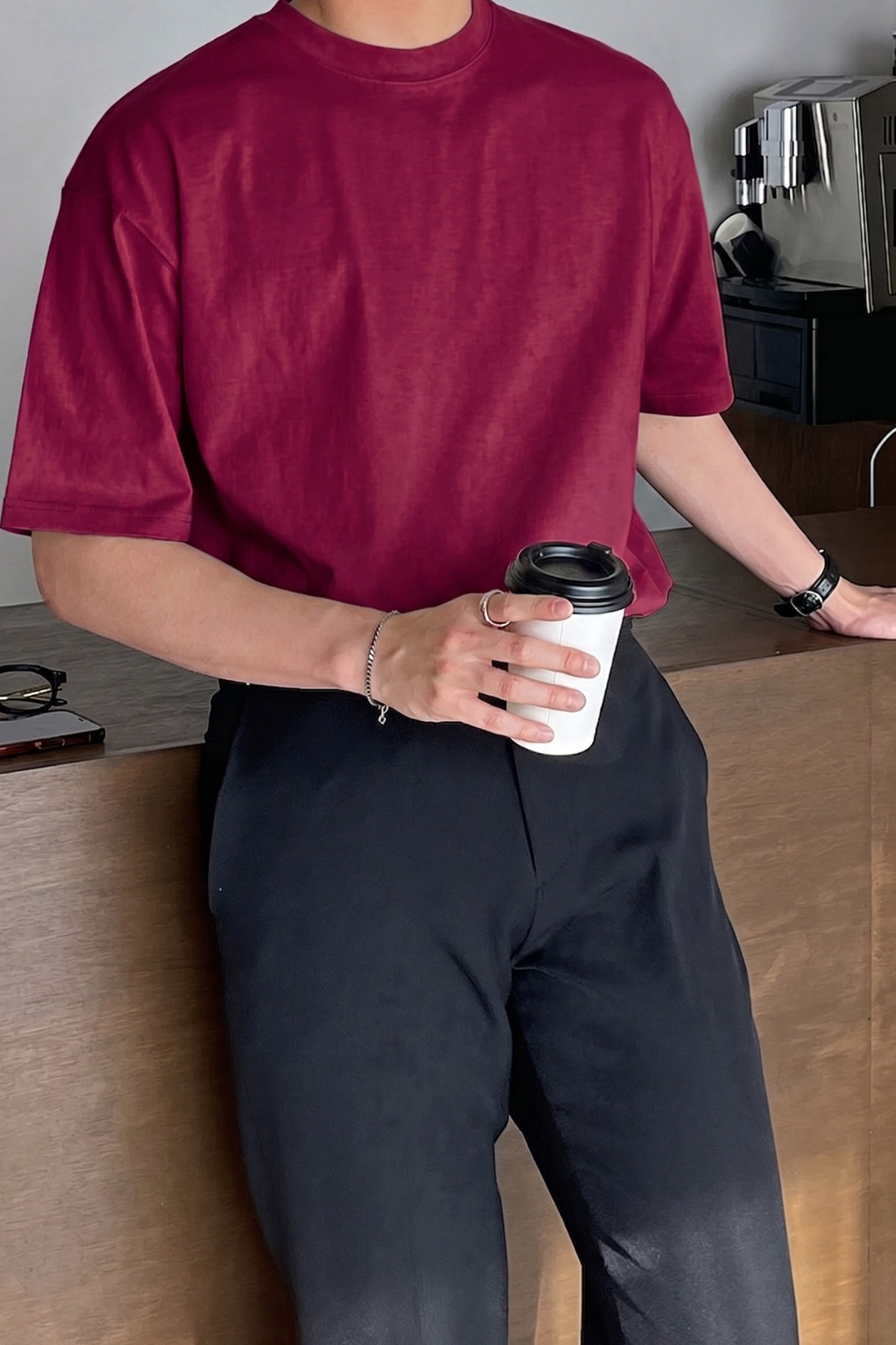 Erkek%20Oversize%20Tişört%20Pamuk%20Kumaş%20Bisiklet%20Yaka%20Rahat%20Kalıp%20T-shirt-Bordo