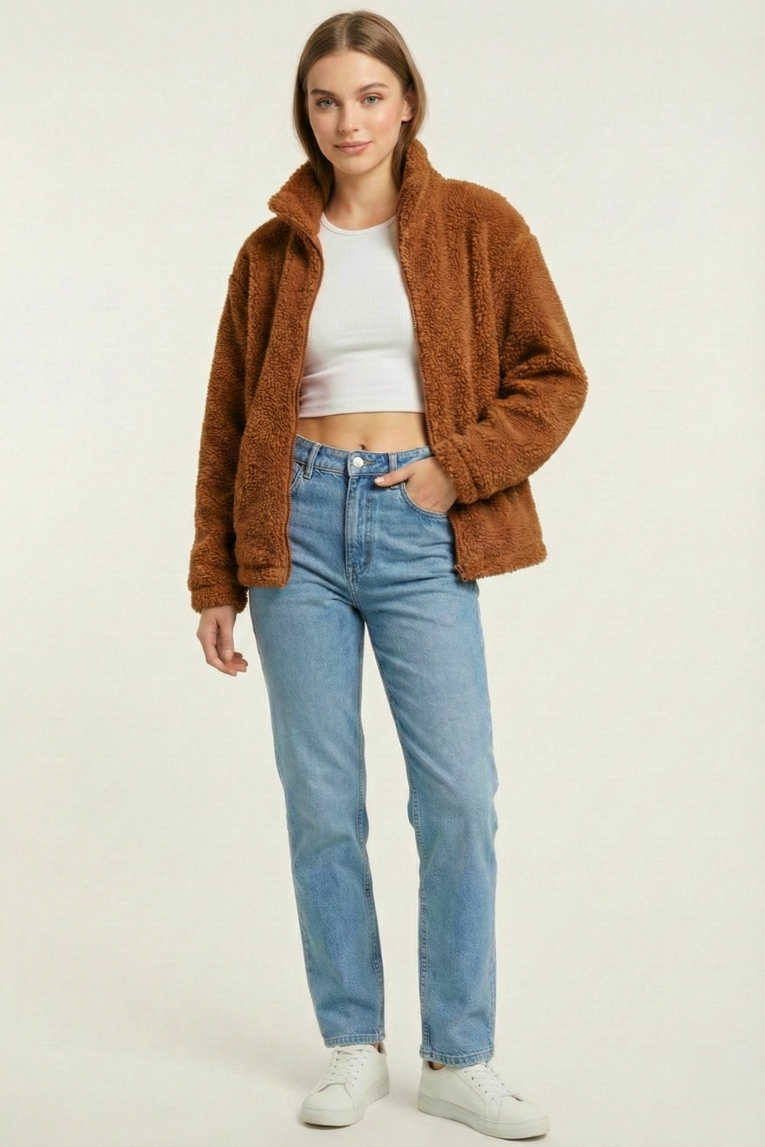 Kadın%20Peluş%20Tam%20Fermuarlı%20Cepli%20Sherpa%20Kuzu%20Kumaş%20Oversize%20Peluş%20Polar%20Sweatshirt-Kahverengi