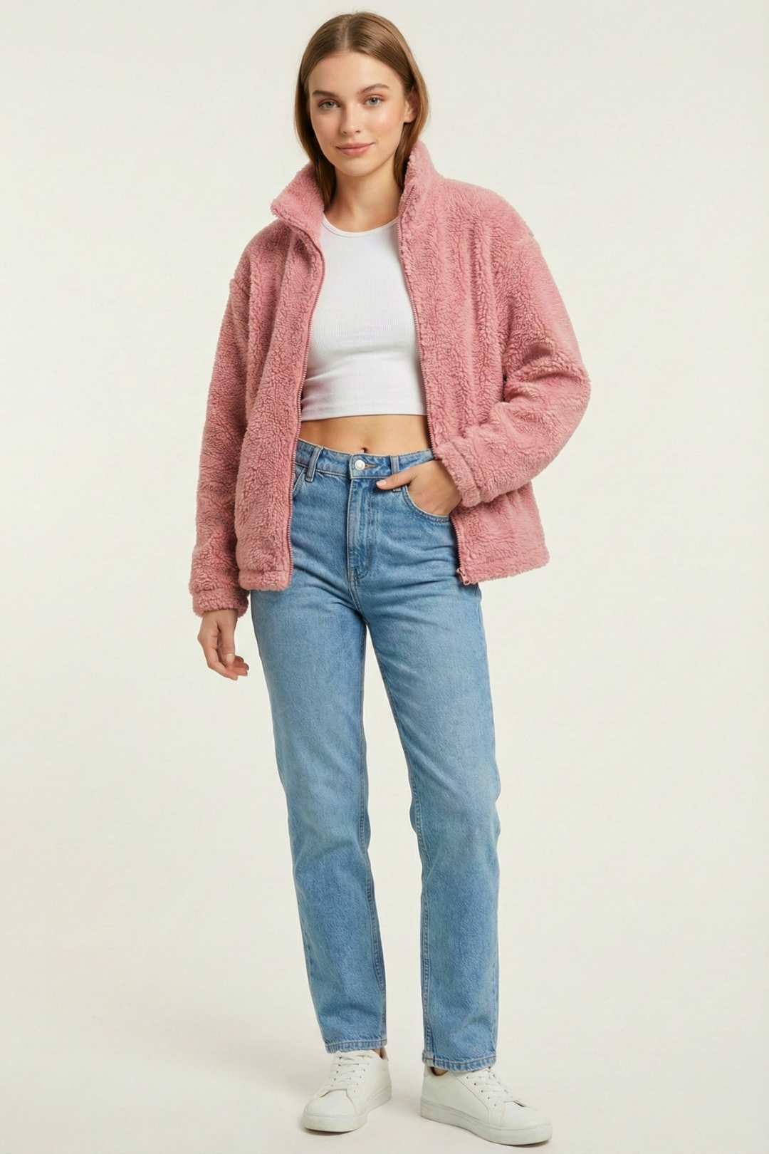 Kadın%20Peluş%20Tam%20Fermuarlı%20Cepli%20Sherpa%20Kuzu%20Kumaş%20Oversize%20Peluş%20Polar%20Sweatshirt-Pembe