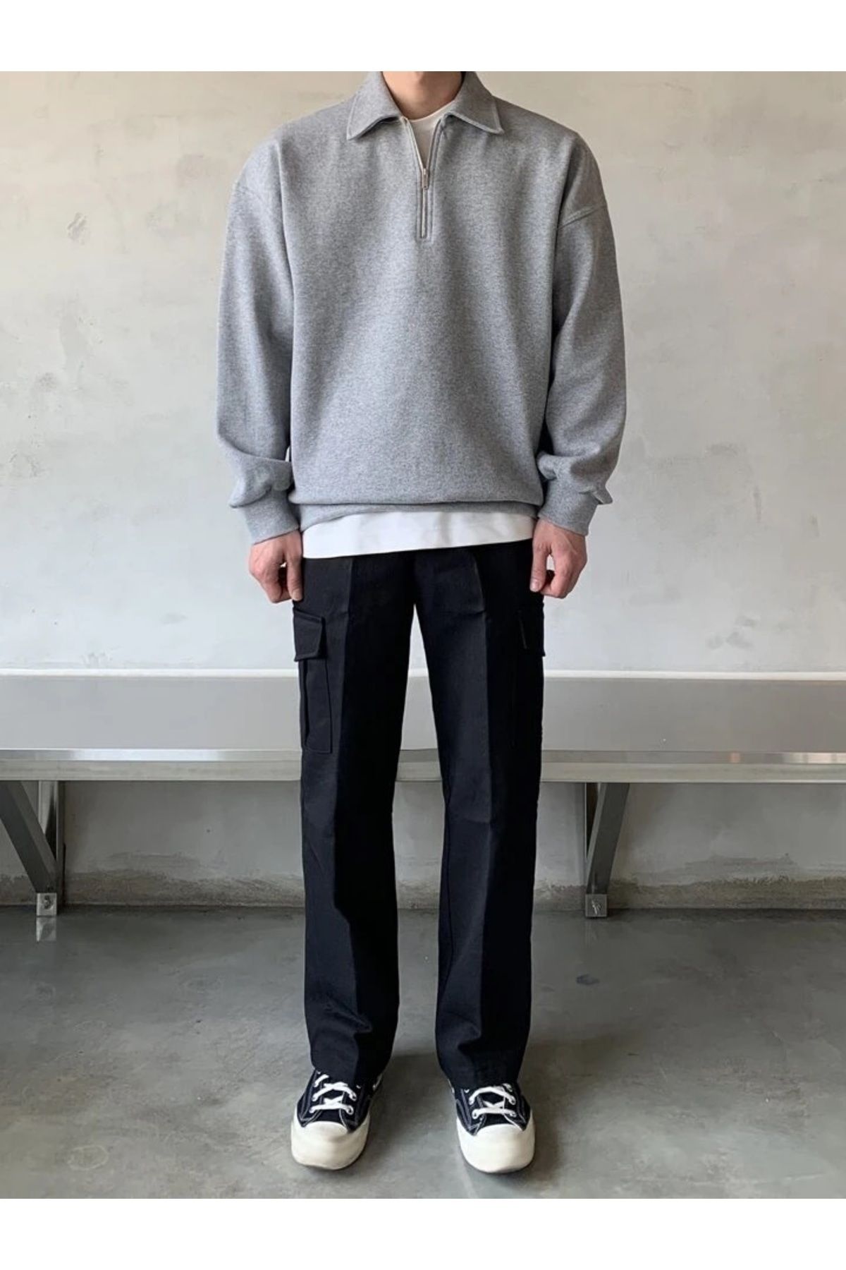 STORE Erkek%20Polo%20Yaka%20Oversize%20Sweatshirt%20Yarım%20Fermuar%20Sweatshirt