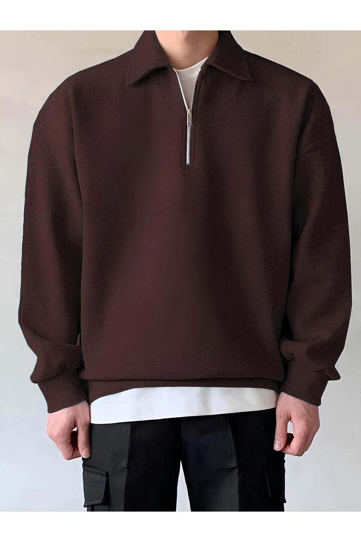 STORE Erkek%20Polo%20Yaka%20Oversize%20Sweatshirt%20Yarım%20Fermuar%20Sweatshirt