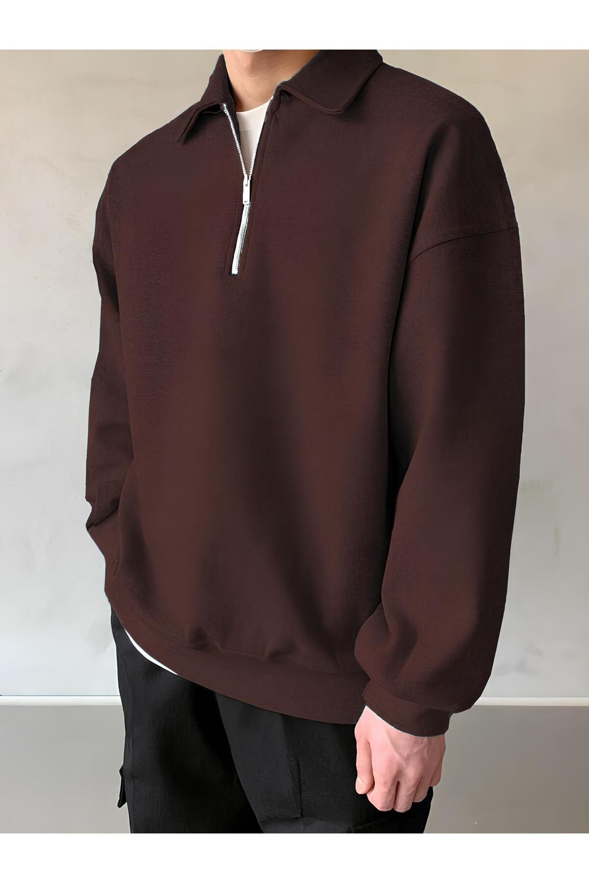 STORE Erkek%20Polo%20Yaka%20Oversize%20Sweatshirt%20Yarım%20Fermuar%20Sweatshirt