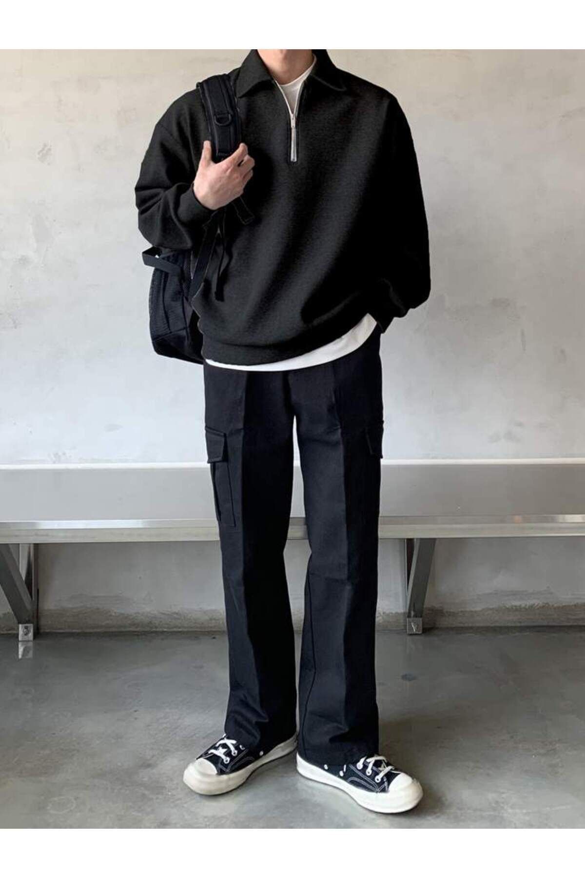 STORE Erkek%20Polo%20Yaka%20Oversize%20Sweatshirt%20Yarım%20Fermuar%20Sweatshirt