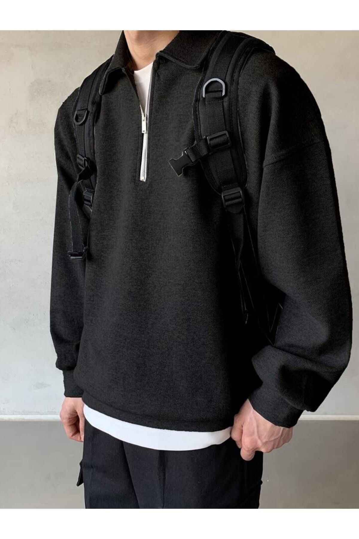 STORE Erkek%20Polo%20Yaka%20Oversize%20Sweatshirt%20Yarım%20Fermuar%20Sweatshirt
