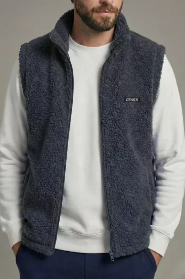 Erkek Yelek İçi Şardonlu Sherpa Peluş Yelek Tam Fermuarlı Cepli  Kuzu Outdoor Yelek-Füme