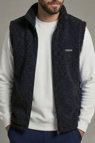 Erkek Yelek İçi Şardonlu Sherpa Peluş Yelek Tam Fermuarlı Cepli  Kuzu Outdoor Yelek-Siyah