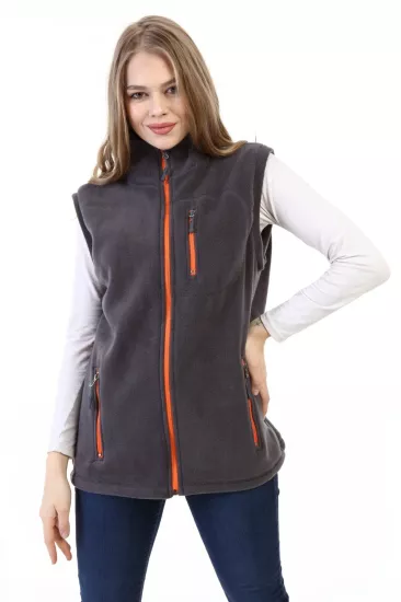Store Kadın Polar Yelek Tam Fermuarlı Outdoor Spor Yelek 3cepli-Füme