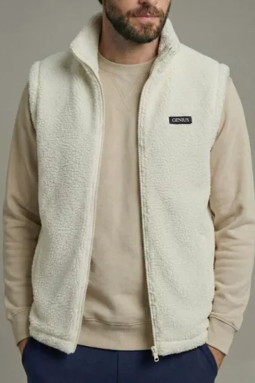 Erkek Yelek İçi Şardonlu Sherpa Peluş Yelek Tam Fermuarlı Cepli  Kuzu Outdoor Yelek-Ekru