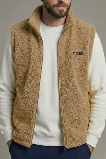 Erkek Yelek İçi Şardonlu Sherpa Peluş Yelek Tam Fermuarlı Cepli  Kuzu Outdoor Yelek-Bej