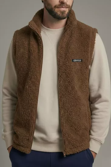 Erkek Yelek İçi Şardonlu Sherpa Peluş Yelek Tam Fermuarlı Cepli  Kuzu Outdoor Yelek-Kahverengi
