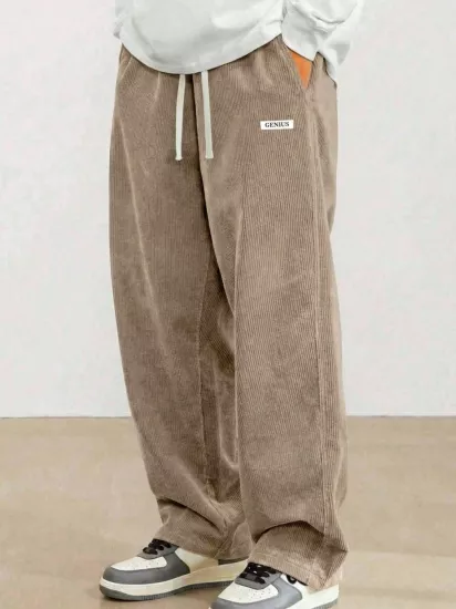 GENIUS Erkek Pantolon Fitilli Kadife Bol Paça Oversize Pantolon-Vizon