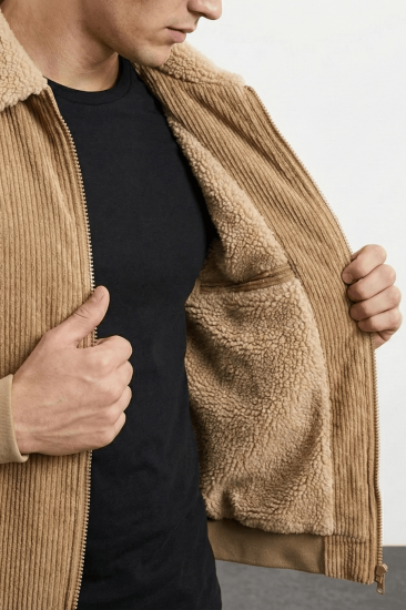 Erkek Kadife Mont Peluş Astarlı Gömlek Yaka Rüzgar Geçirmez Kadife Mont-Bej