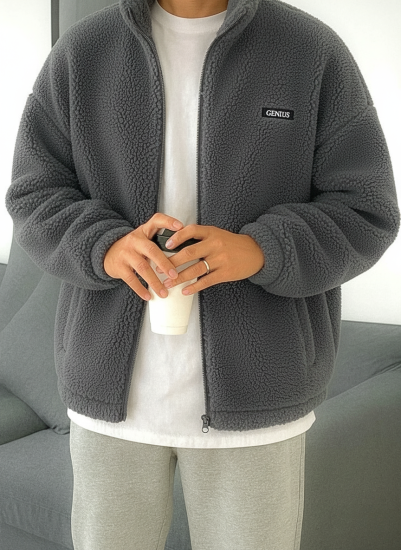 Oversize Peluş Tam Fermuarlı Sweatshirt Peluş İçi Polarlı Sherpa Kumaş Sweatshirt