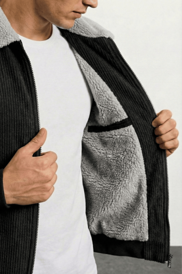 Erkek Kadife Mont Peluş Astarlı Gömlek Yaka Rüzgar Geçirmez Kadife Mont-Siyah