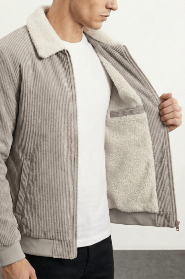 Erkek Kadife Mont Peluş Astarlı Gömlek Yaka Rüzgar Geçirmez Kadife Mont-Gri