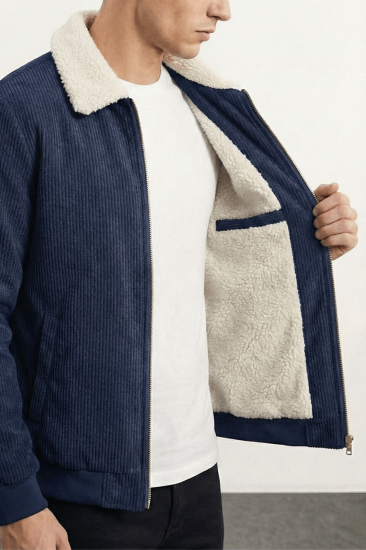 Erkek Kadife Mont Peluş Astarlı Gömlek Yaka Rüzgar Geçirmez Kadife Mont-Lacivert