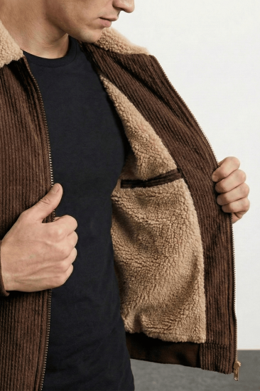 Erkek Kadife Mont Peluş Astarlı Gömlek Yaka Rüzgar Geçirmez Kadife Mont-Kahverengi