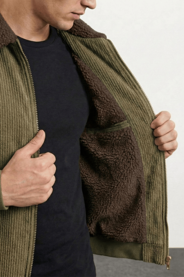 Erkek Kadife Mont Peluş Astarlı Gömlek Yaka Rüzgar Geçirmez Kadife Mont-Haki