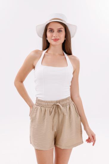 Genıus Store Kadın Şort Aerobin Pamuklu Cepli Çekmez Kumaş Beli Lastikli Şort-Bej