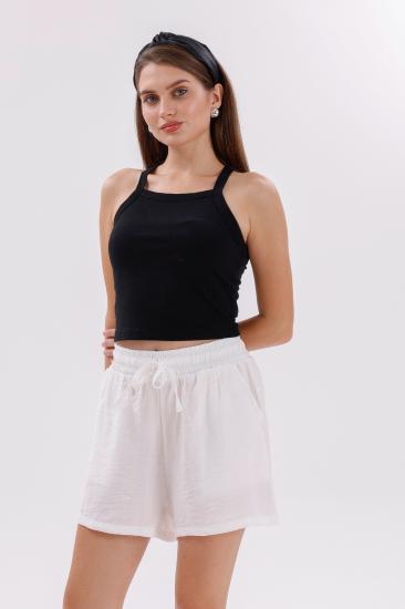 Genıus Store Kadın Şort Aerobin Pamuklu Cepli Çekmez Kumaş Beli Lastikli Şort-Beyaz