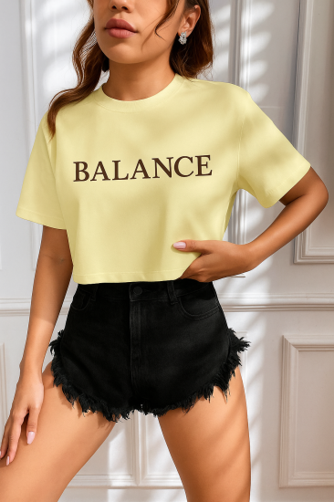 Kadın Tişört Crop Tişört Baskılı Fit Tişört BALANCE-TİŞÖRT-Bej
