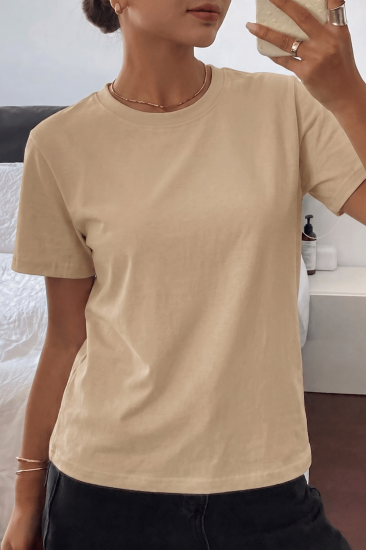 Kadın Tişört Gri Bisiklet Yaka Basic Tişört %100 Pamuk Rahat Kalıp T-shirt BASIC-KADIN-Bej