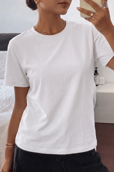 Kadın Tişört Gri Bisiklet Yaka Basic Tişört %100 Pamuk Rahat Kalıp T-shirt BASIC-KADIN-Beyaz