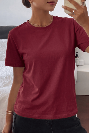 Kadın Tişört Gri Bisiklet Yaka Basic Tişört %100 Pamuk Rahat Kalıp T-shirt BASIC-KADIN-Bordo