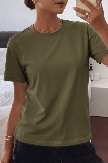 Kadın Tişört Gri Bisiklet Yaka Basic Tişört %100 Pamuk Rahat Kalıp T-shirt BASIC-KADIN-Haki