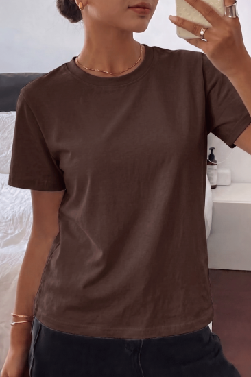 Kadın Tişört Gri Bisiklet Yaka Basic Tişört %100 Pamuk Rahat Kalıp T-shirt BASIC-KADIN-Kahverengi