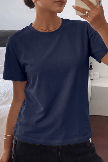 Kadın Tişört Gri Bisiklet Yaka Basic Tişört %100 Pamuk Rahat Kalıp T-shirt BASIC-KADIN-Lacivert