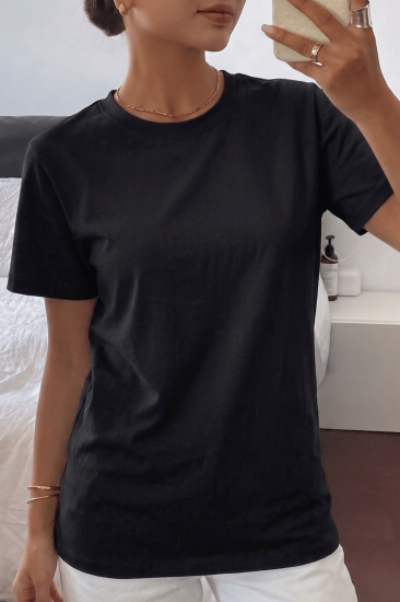 Kadın Tişört Gri Bisiklet Yaka Basic Tişört %100 Pamuk Rahat Kalıp T-shirt BASIC-KADIN-Siyah