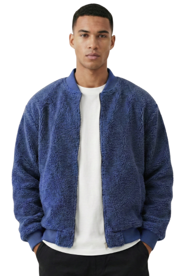 Erkek Mont Peluş İçi Astarlı Oversize Geniş Kalıp Sherpa Kuzu Kumaş Spor Mont-İndigo