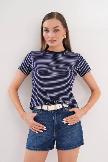 Kadın Çizgili T-shirt Bisiklet Yaka Kısa Kollu Tişört ÇİZGİLİ-TİŞÖRT-Lacivert