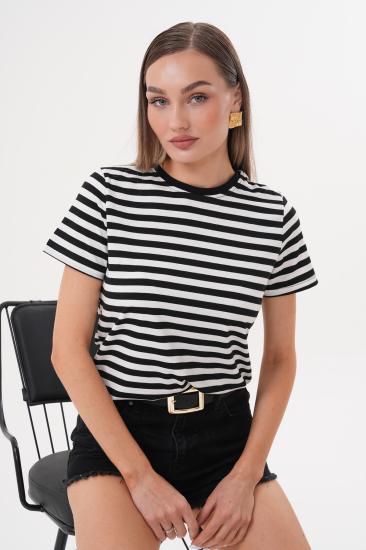 Kadın Çizgili T-shirt Bisiklet Yaka Kısa Kollu Tişört ÇİZGİLİ-TİŞÖRT