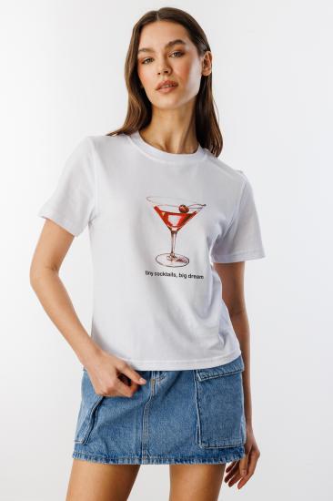 Kadın Cocktail Baskı Desenli Kısa Kollu Organik Pamuklu Bisiklet Yaka Crop T-shirt COCKTAIL-T-SHIRT