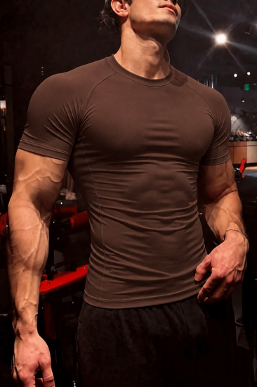 Erkek Dalgıç Kumaş Compression Spor Tişört Muscle Body Fit Gym Antrenman T-Shirt COMPRESSİON-T-SHİRT-Kahverengi
