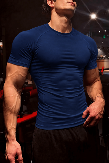 Erkek Dalgıç Kumaş Compression Spor Tişört Muscle Body Fit Gym Antrenman T-Shirt COMPRESSİON-T-SHİRT-Lacivert