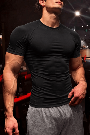 Erkek Dalgıç Kumaş Compression Spor Tişört Muscle Body Fit Gym Antrenman T-Shirt COMPRESSİON-T-SHİRT-Siyah