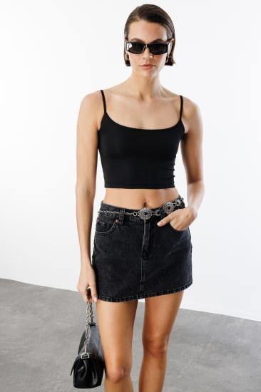 Kadın Scuba Kumaş İp Askılı Crop Top CROP-ATLET-Siyah