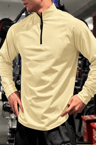 Erkek Yarım Fermuarlı Compression Uzun Kol Spor Tişört ve Fitness Tişörtü DALGIÇ-UZUN-Bej