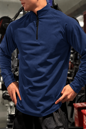 Erkek Yarım Fermuarlı Compression Uzun Kol Spor Tişört ve Fitness Tişörtü DALGIÇ-UZUN-Lacivert